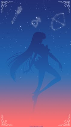 a girl with long hair standing in front of a sky filled with stars