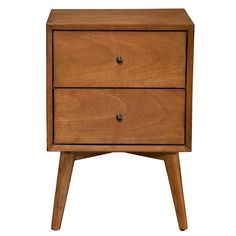 a wooden nightstand with two drawers on one side and an open drawer on the other