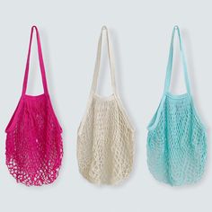 These colorful mesh bags are perfect for carrying your fruits and vegetables during farmer's market or grocery shopping. They can also be used for the beach to carry your swimsuits and beach toys, during picnics to carry drinks and food, and as a travel, shopping, laundry or tote bag. The bags are knitted with a mesh pattern, making it breathable and able to expand to a larger capacity. Made with durable cotton that can carry up to 20 pounds, the bags also come with sturdy handles. Forgo one-tim Foldable Bag, Farmers Market Bag, Lunch Box Bag, Mesh Laundry Bags, Produce Bags, Mesh Netting, Farmers Markets, Net Bag, Grocery Stores