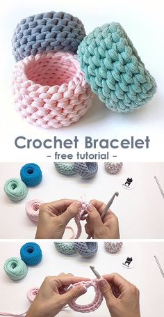 the crochet bracelet is being made with yarn