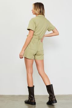 Washed for a gently lived-in character, this utility-inspired twill romper is a one-and-done piece for effortless warm-weather dressing. Tie up the waist with the matching belt, and finish the look with sneakers or strappy sandals. •Short sleeves •Notched collar •Button front •Multipocket styling •Optional self-tie belt Item Number: 73683 97% COTTON 3% SPANDEX MACHINE WASH COLD TUMBLE DRY LOW Short Sleeve Khaki Jumpsuits And Rompers With Pockets, Khaki Short Sleeve Jumpsuits And Rompers With Pockets, Khaki Short Sleeve Jumpsuit With Pockets, Relaxed Fit Cotton Shortalls For Day Out, Spring Cargo Style Fitted Jumpsuits And Rompers, Spring Workwear Jumpsuits And Rompers, Short Length, Cargo Style Jumpsuits And Rompers For Spring, Fitted Cargo Style Jumpsuits And Rompers For Spring, Cotton Jumpsuits And Rompers With Pockets For Day Out