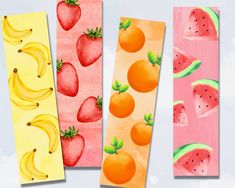 four watermelon, banana, and strawberry bookmarks are shown in three different colors