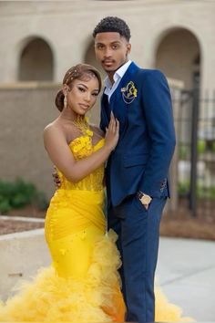 When Beauty Links Up, With The Beast 💛 Beauty And The Beast Prom Dress, Yellow Prom Couple, Royal Blue Prom Couple, Prom Black Couples, Beauty And The Beast Prom, Blue Prom Couple, Prom Picture Poses, African Bridesmaid Dresses, Homecoming Pictures