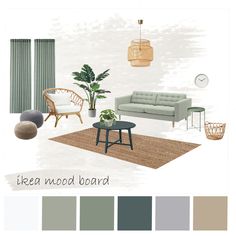 a living room with green furniture and neutrals on the walls, including a gray couch