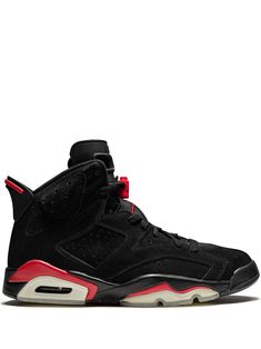 Black and varsity red nubuck leather Air Jordan 6 Retro sneakers from jordan featuring a round toe, a lace-up front fastening, an ankle length, a pull tab at the rear, a perforated detail and a rubber sole. These styles are supplied by a premium sneaker and street wear marketplace. Stocking only the most sought-after footwear and clothing, they source and curate some of the most hard-to-find items from around the world. Leather Jordan Lace-up Shoes, Leather Jordan Shoes With Perforations For Streetwear, High-top Jordan Shoes With Perforated Toe Box For Streetwear, Mid-top Jordan Shoes With Perforations For Streetwear, Sports Jordan Lace-up Shoes, Sporty Leather Jordan Shoes With Perforated Toe Box, Classic Lace-up Basketball Shoes With Perforations, Mid-top Leather Jordan Shoes With Perforations, Mid-top Jordan Shoes With Perforations For Sports