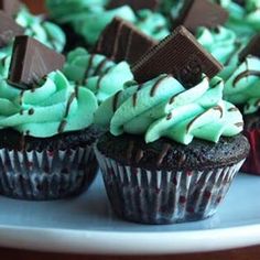 chocolate cupcakes with green frosting on a plate