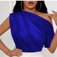 Asymmetrical Neck Blue Satin Blouse Royal Blue Blouse Outfit, Blue Blouse Outfit, Blue Satin Blouse, Royal Blue Outfits, Satin Outfits, Teal Outfits, Boho Prom, Winter Palette, Ruched Blouse