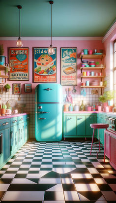 an old fashioned kitchen with retro posters on the wall and checkerboard flooring