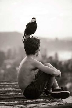 a young boy sitting on top of a wooden deck next to a bird perched on his head