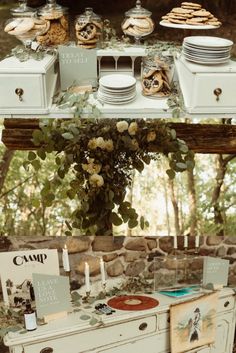 an old dresser is decorated with cookies and desserts for the guests to sit at