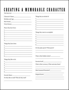 a printable character sheet for creating memorable characters in the play, which includes an image of