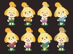 some cartoon characters with different expressions and hair styles, all dressed up in various outfits