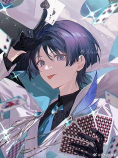 an anime character with black hair and blue eyes