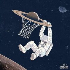 an astronaut is in the air with a basketball hoop above his head and planets behind him