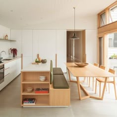 an open kitchen and dining area with white walls