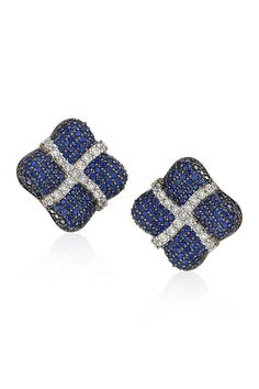 The perfect gift, these pave blue and white sapphires adorn wrapped cushion-cut shape stud earrings for luxurious sparkle. Sterling silver pave blue and white sapphire wrapped cushion cut shape stud earrings with hidden brown diamond accent. Post back. Approx. 18mm L x 18mm W. ImportedPlease note: Diamond weight may not be exact. Luxury Diamond-cut Diamond-shaped Earrings, Cushion Earrings, Cushion Diamond, Creating Jewelry, Brown Diamond, Square Earrings, Natural Blue Sapphire, Online Earrings, Sapphire Gemstone