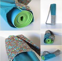 there are several pictures of different things made out of yoga mats and cloths on the floor