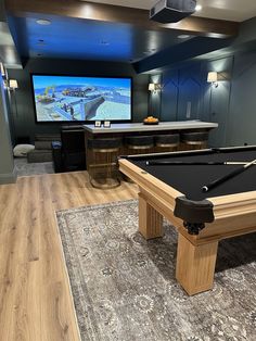 a pool table with a tv in the background