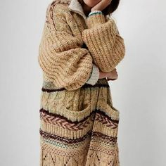 Winter Pointelle Knit Long-sleeve Outerwear, Cream Sweater Cardigan, Bohemian Knitted V-neck Outerwear, Bohemian V-neck Knit Cardigan, Cocoon Sweater, Long-sleeve Textured Cotton Cardigan, Hooded Cardigan Sweater, Puff Sleeve Cardigan, Bohemian Long-sleeved Cardigan With Pockets