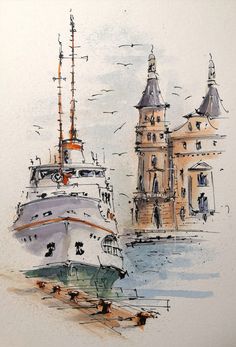 ink watercolor Watercolour And Ink, Watercolor And Ink, Istanbul, Paint, Architecture