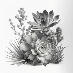 a black and white drawing of succulents and cactuses on a white background