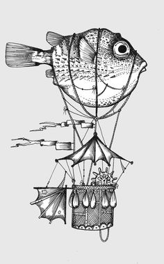 an ink drawing of a fish in a hot air balloon with other objects attached to it