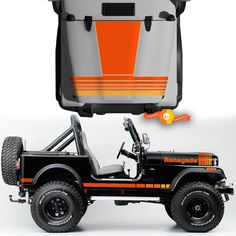 an orange and black jeep with the door open to show it's side view