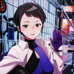 an anime character holding her hand up in the air with both hands and wearing purple gloves