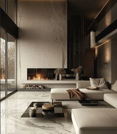 a modern living room with marble floors and white couches in front of a fireplace