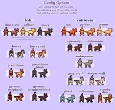 the different types of dogs that are in each color and font on this page, which is