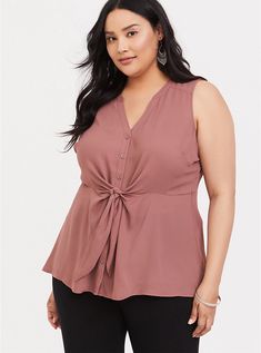 Plus Size Walnut Georgette Peplum Tie Sleeveless Blouse, WALNUT Black Beachwear, Blouse Images, Evening Blouses, Flattering Tops, Blouse Sleeveless, Tie Front Blouse, Plus Size Tank Tops, Latest Trend, Peplum Hem