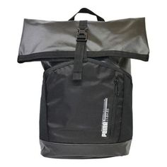 a black and grey backpack on a white background