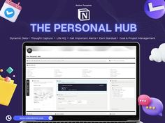 an open laptop computer sitting on top of a purple background with the words, the personal hub