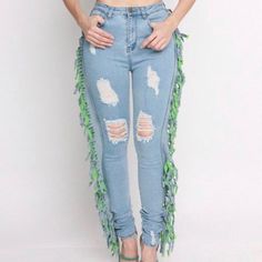 Distressed Jeans Skinny Stretchy Fit High Waist Green/Jean Shingles Down The Side Measurements (S) 2/4 (M) 5/7 (L) 8/10 (Xl) 12 Spring Medium Wash Jeans With Fringe, Spring Fringe Jeans In Medium Wash, Spring Fringe Medium Wash Jeans, Trendy Fringed Jeans For Spring, Trendy Fringe Jeans For Spring, Trendy High Waist Fringe Jeans, Spring High Rise Fringe Jeans, Spring Cotton Jeans With Fringe, Summer Blue Fringe Jeans