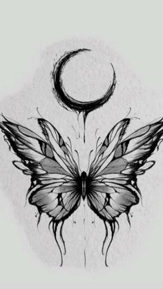 a drawing of a butterfly with the moon in the background