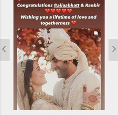 an image of a couple on their wedding day with the caption congratulations @ allaahhat & ranir wishing you a little time of love and togetherness