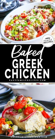 baked greek chicken with tomatoes and peppers in a white casserole dish on a black plate