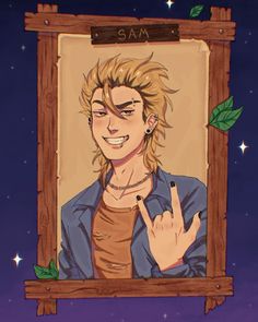 a drawing of a man with blonde hair holding up his peace sign