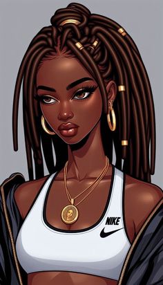 A close-up cartoon-style image of an African girl with dreadlocks. She is adorned with gold jewelry, including a pendant necklace and hoop earrings. She is wearing a gym bra on the solder a jacket with a solid light black background. she is model and nike logo on cloths Light Black Background, Women Artwork, Black Stuff, Gym Bra, Art Of Beauty, African Girl, A Gym