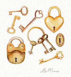 watercolor painting of various keys and locks