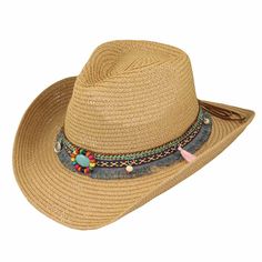 Straw cowboy hat for women. Colorful embroidered tassel band with turquoise beaded concha. C-crown with pinched front. Curled 3" wide brim with wired edge to shape. Inner drawstring to adjust fit. One size. 100% paper braid. Adjustable Fringe Hat With Curved Brim, Adjustable Brimmed Sun Hat With Fringe, Adjustable Sun Hat With Fringe And Curved Brim, Adjustable Curved Brim Sun Hat With Fringe, Adjustable Fringe Sun Hat With Curved Brim, Adjustable Fringe Hats, Adjustable Flat Brim Hat With Fringe, Adjustable Wide Brim Sun Hat With Fringe, Southern Style Wide Brim Straw Hat For Beach