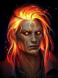 a man with long blonde hair and glowing eyes, in the background is an orange flame