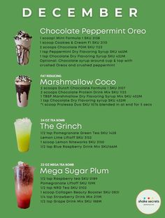 a poster with different types of drinks on it's green background, including the names and