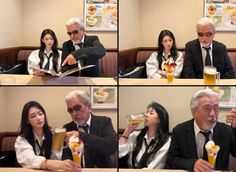 three pictures of people sitting at a table with drinks