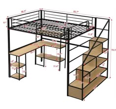 a metal bunk bed with stairs and storage shelves for the bottom level, shown in measurements