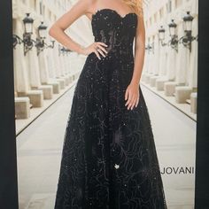 Jovani Strapless Embellished Sweetheart Gown; Size 6; Excellent Condition; Black Gala Gown With Sweetheart Neckline, Embellished Sweetheart Neckline Evening Dress, Black Gown With Sweetheart Neckline For Gala, Black Embellished Ball Gown Evening Dress, Black Strapless Gown For Prom Season, Black Prom Gown With Sweetheart Neckline, Glamorous Black Embellished Gown, Glamorous Black Strapless Gown, Black Embellished Evening Dress For Prom