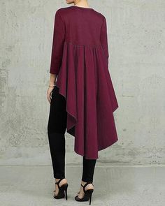 Solid Color Asymmetrical High Low Blouse Asymmetrical Lagenlook Top In Solid Color, Lagenlook Solid Color Top With Asymmetrical Hem, Lagenlook Solid Top With Asymmetrical Hem, Casual Asymmetrical Solid Color Blouse, Solid Asymmetrical Hem Top For Work, Asymmetrical Solid Color Blouse, Lagenlook Asymmetrical Dress For Fall, Lagenlook Blouse For Workwear In Fall, Fall Lagenlook Blouse For Work