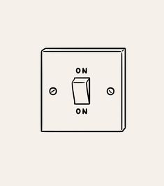 a black and white line drawing of a light switch with the word on written in it