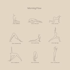 an image of a woman doing different yoga poses on her stomach and back, with the words morning flow above it