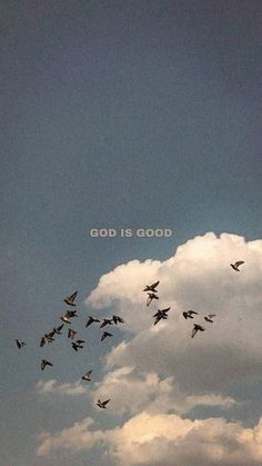 there is a flock of birds flying in the sky with god is good written on it